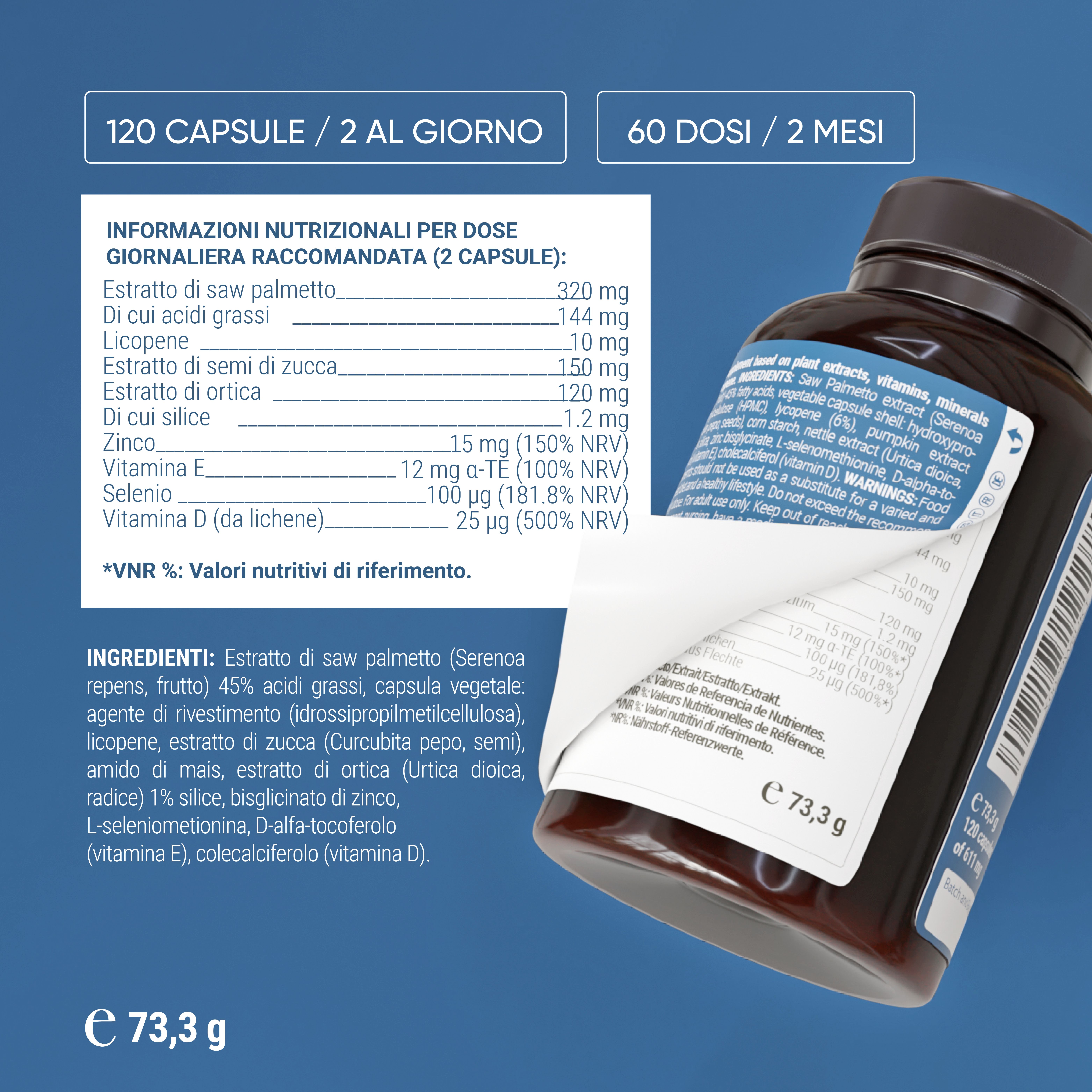 Retro della confezione del prodotto. Testo: Ingredienti, dosaggio, avvertenze.