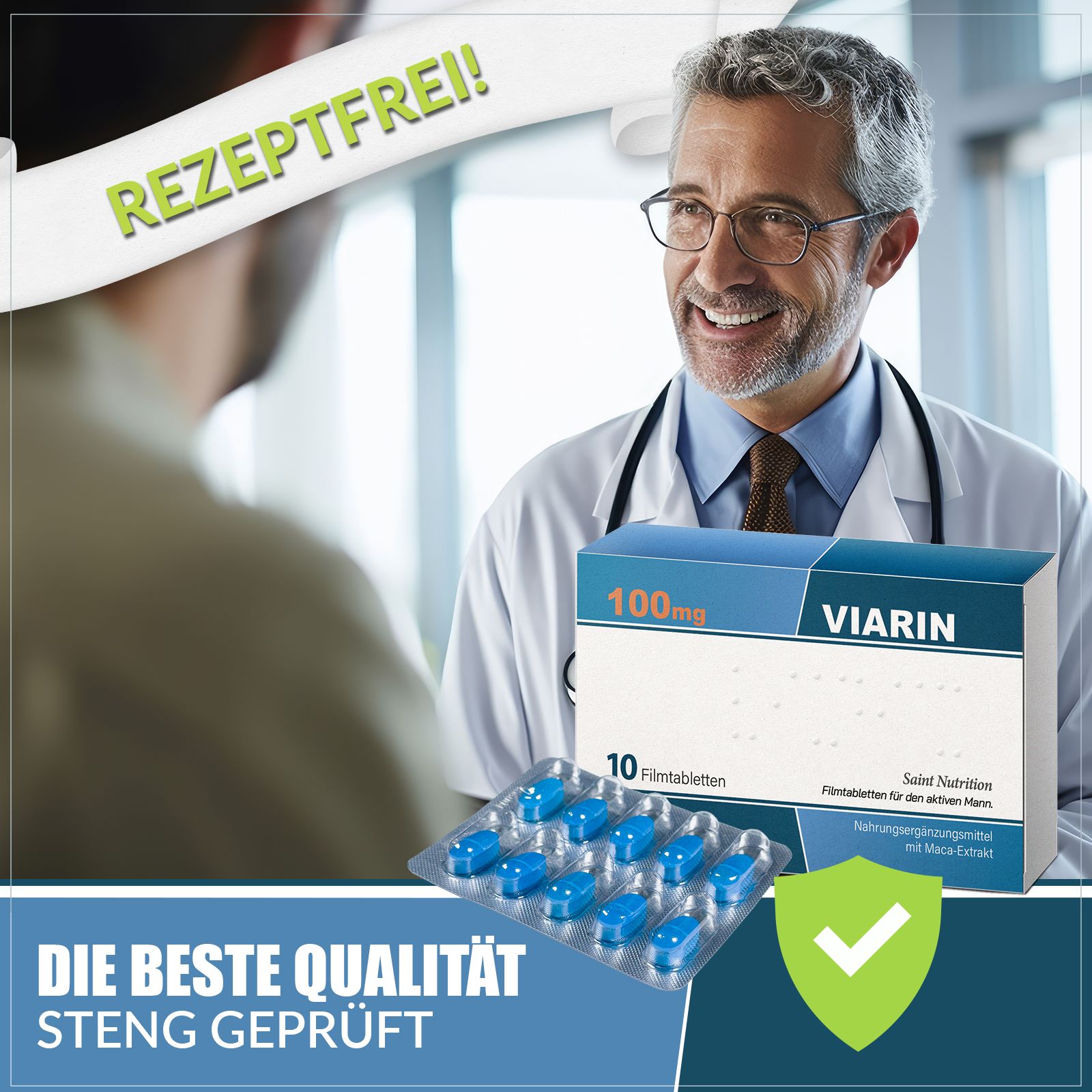 Medico con confezione e blister. Scritta: Viarin, 100mg, 10 compresse rivestite. Testo: Senza ricetta!