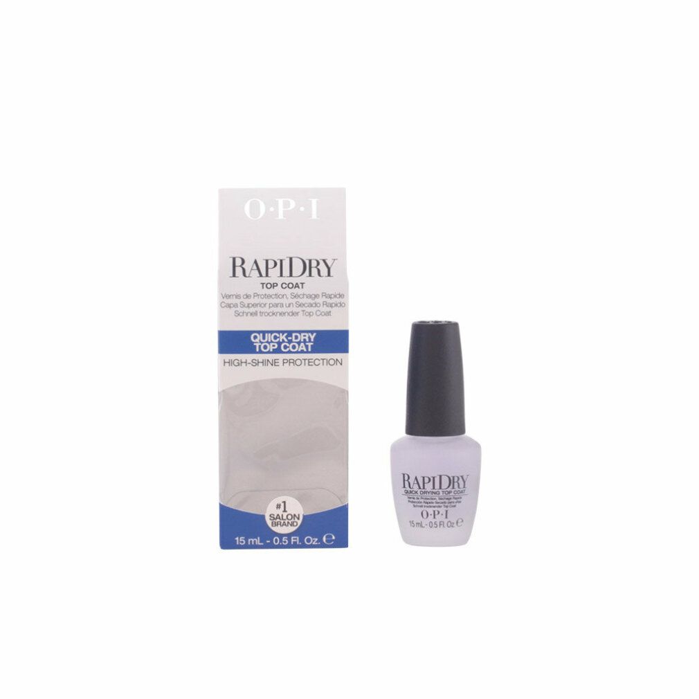 OPI Rapidry Top Coat e confezione. Flacone e confezione affiancati. Scritta: Rapidry, OPI, Quick-Dry Top Coat, 15 ml - 0.5 Fl Oz.