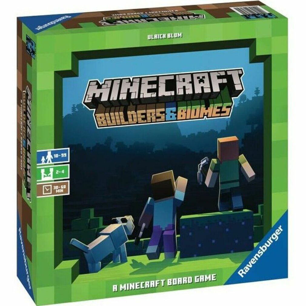 Gioco da tavolo Minecraft Builders & Biomes. Scatola verde e bianca con illustrazioni. Personaggi e logo visibili. Logo Ravensburger.
