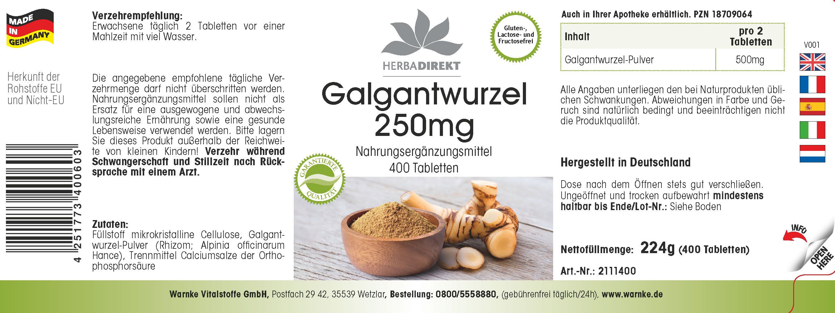 Etichetta con informazioni sul prodotto. Scritta: Galgantwurzel 250mg, 400 compresse. Logo: Herbadirekt. Immagine: Galanga e polvere.