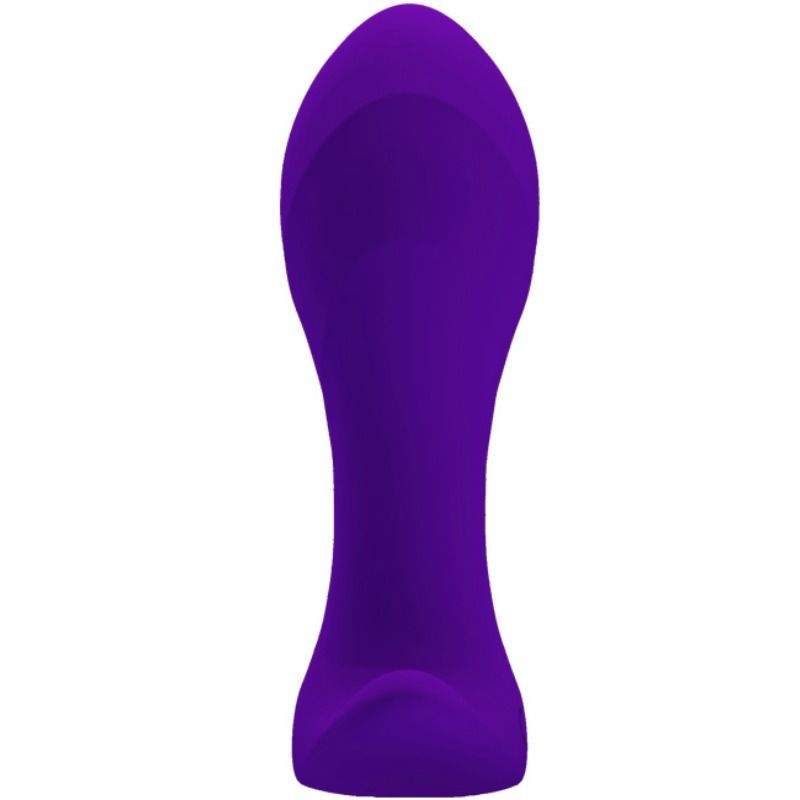 Vibratore anale viola. Forma allungata con punta arrotondata e base. Vista frontale.