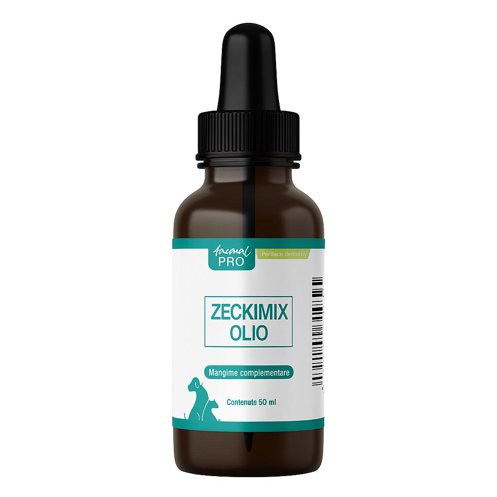 Flacone di vetro marrone con contagocce nero. Etichetta con nome e logo del prodotto. Mangime complementare.