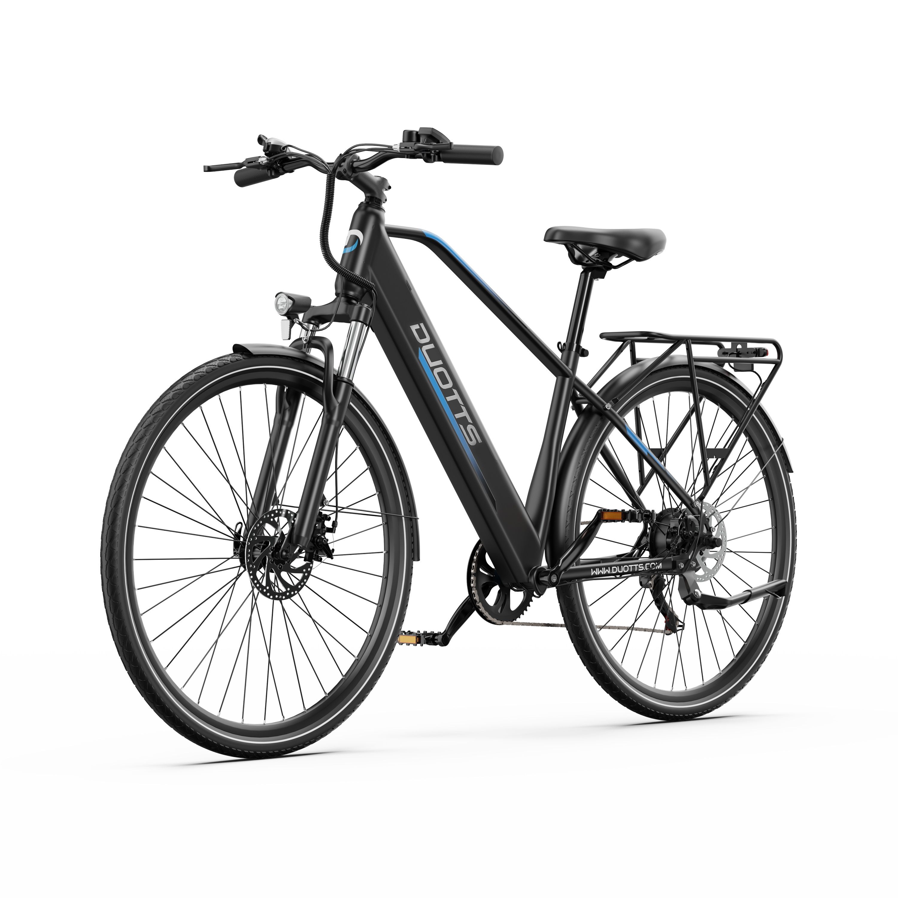 Bicicletta elettrica DUOTTS C29Lite nera. Faro anteriore, portapacchi, freni a disco. Dettagli blu sul telaio.