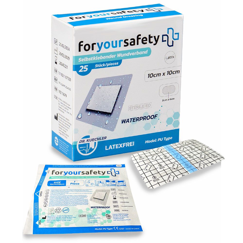 Confezione da 25 cerotti 10x10cm, sterili, resistenti all'acqua. Cerotto singolo e confezione aperta.