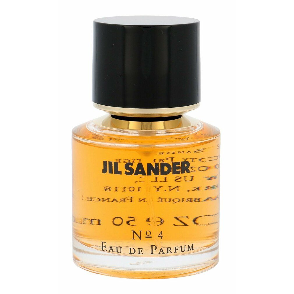 Flacone con tappo nero. Scritta: JIL SANDER, N° 4, Eau de Parfum. Scritta a specchio.