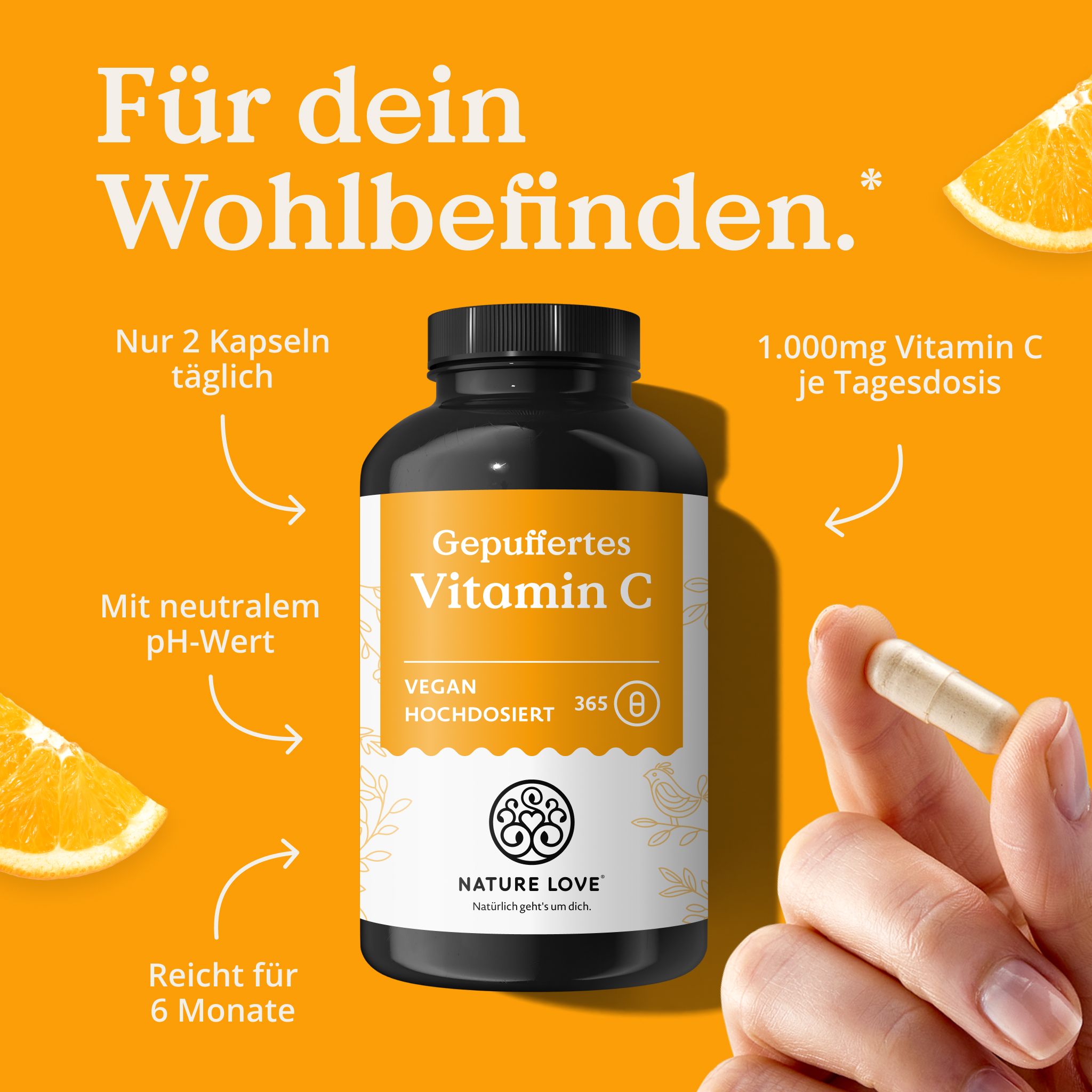 Flacone di vitamina C tamponata, 1000mg per dose giornaliera, solo 2 capsule al giorno, dura 6 mesi, pH neutro.