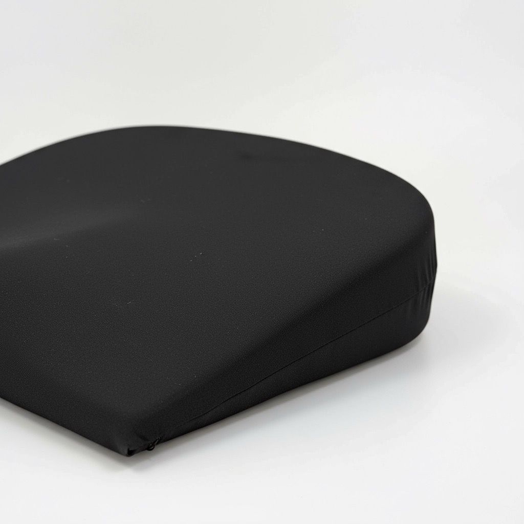 Cuscino per seduta nero a forma di cuneo. Parte superiore arrotondata, inferiore piatta. Rivestimento in tessuto.