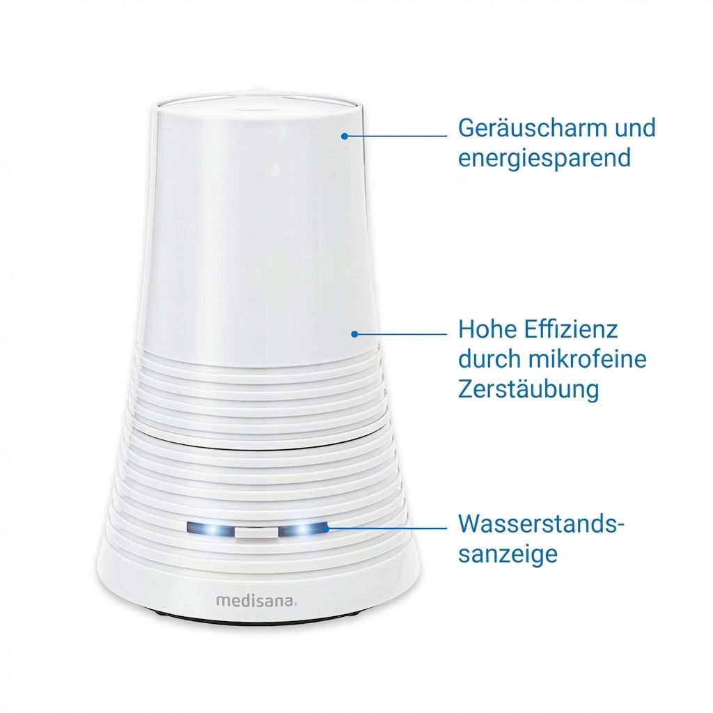 Umidificatore medisana AH 662 bianco con tecnologia a ultrasuoni, spegnimento automatico.