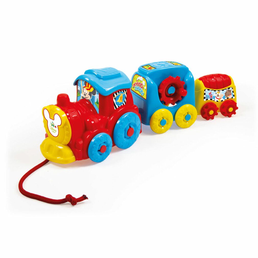 Treno giocattolo rosso, blu e giallo. Faccia di Mickey Mouse davanti. Corda rossa. Tre vagoni. Ruote e dettagli multicolori.