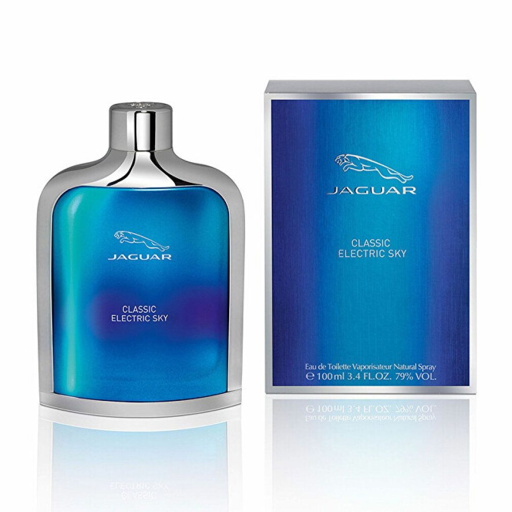 Flacone e scatola affiancati. Flacone blu, scatola blu. Scritta: Jaguar Classic Electric Sky.