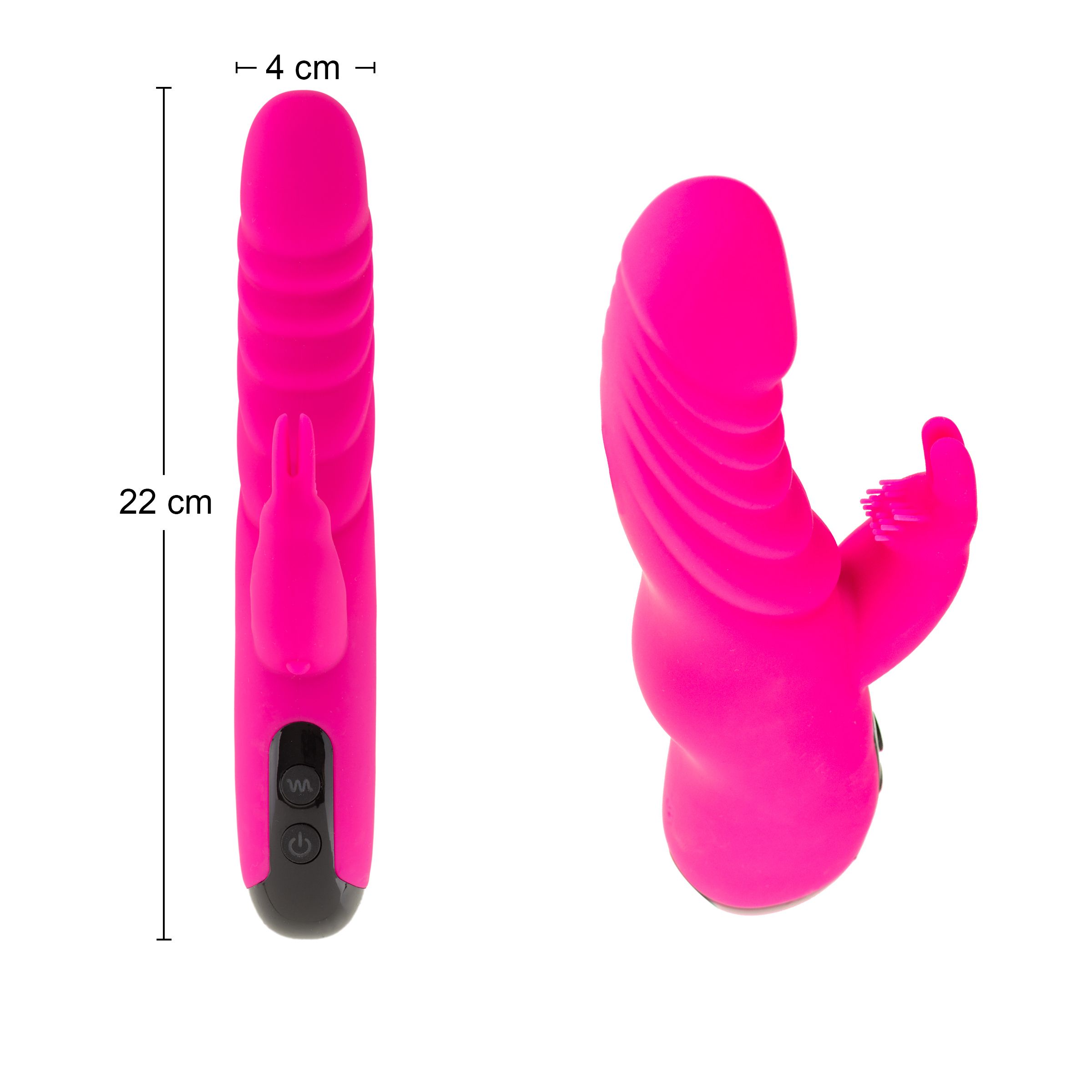 Due viste di un vibratore rosa. Dimensioni: 22 cm di lunghezza, 4 cm di larghezza. Con design a orecchie di coniglio.
