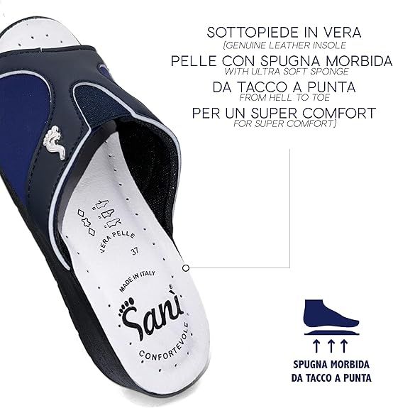 Dettaglio della pantofola. Sottopiede in pelle con spugna morbida. Logo. Made in Italy. Suola nera.