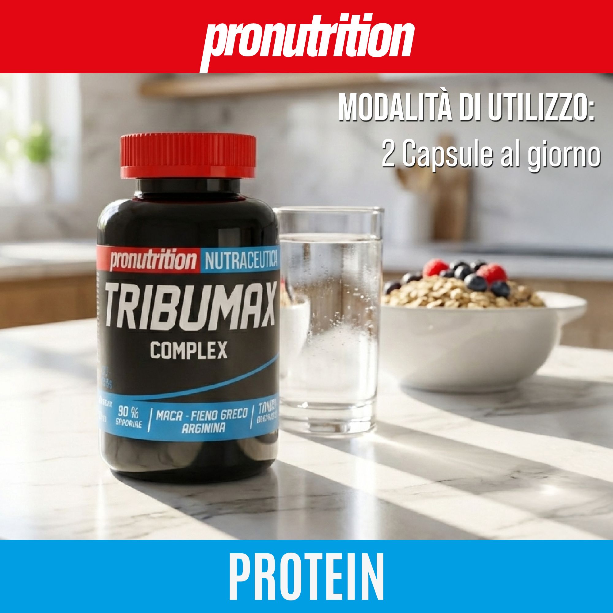 Flacone nero, tappo rosso, TRIBUMAX COMPLEX. Bicchiere d'acqua, cereali con frutti.