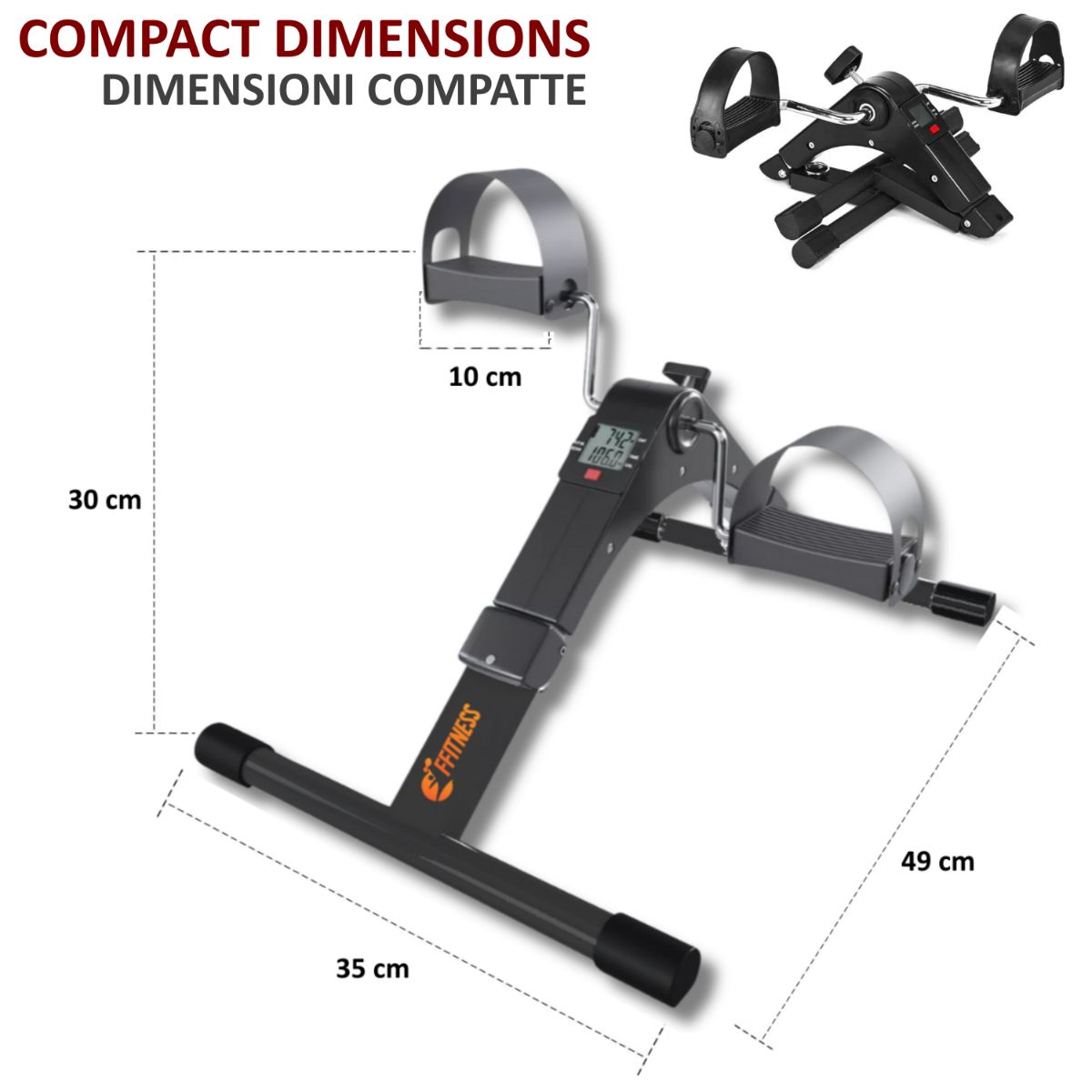 Mini bike con dimensioni: 49x35x30 cm. Testo: Dimensioni compatte. Con pedali e display.