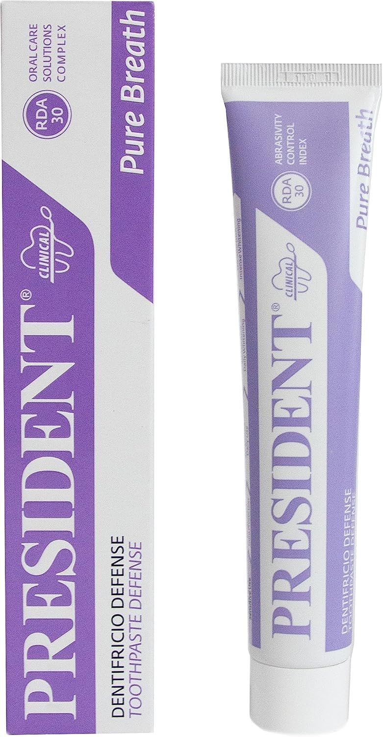 Tubo e confezione di dentifricio. Nome prodotto: PRESIDENT. Colori: viola e bianco. Testo: Pure Breath, RDA 30, Dentifricio Defense.