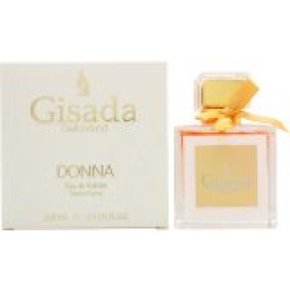 Flacone e confezione Gisada Donna Edt Spray. Scritta dorata. Nome del prodotto e marchio ben visibili.