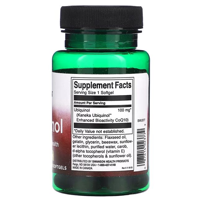 Retro di una bottiglia Swanson Ubiquinol 100 mg con informazioni nutrizionali e ingredienti.