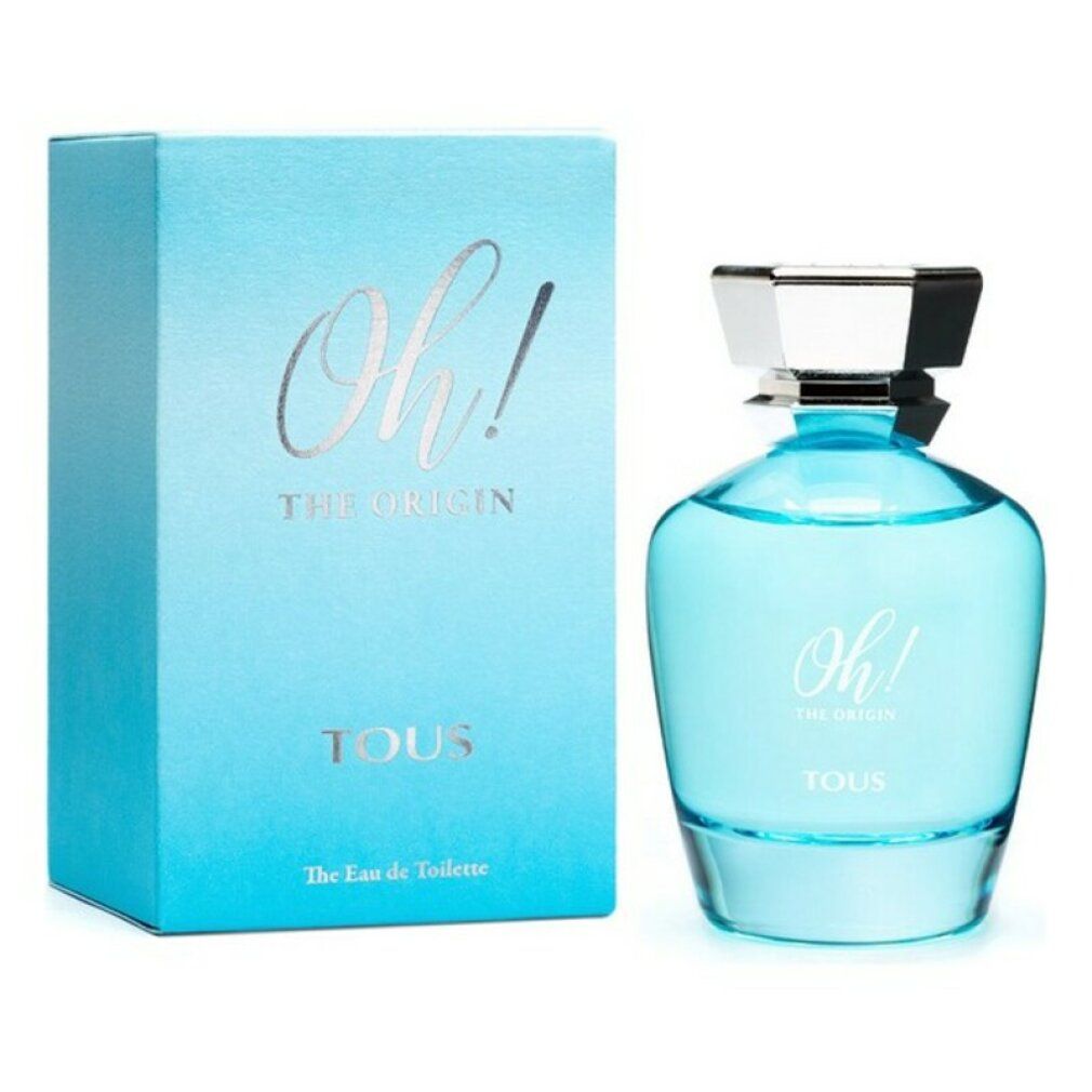 Eau de toilette azzurra con scatola abbinata. Scritta "Oh! The Origin" e "TOUS". Flacone con tappo argentato.