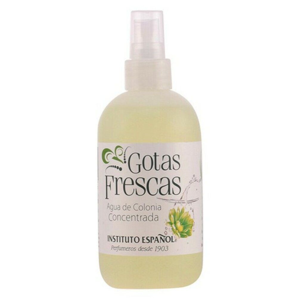 Flacone spray bianco con liquido trasparente. Scritta: Gotas Frescas, Agua de Colonia Concentrada. INSTITUTO ESPAÑOL.