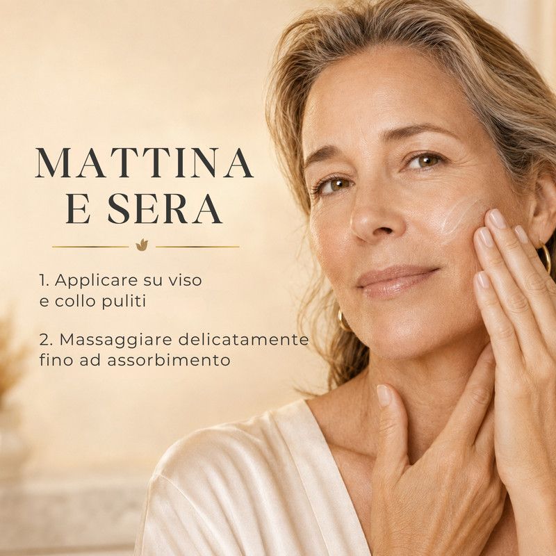 Una donna applica una crema sul viso per migliorare l'elasticità della pelle.