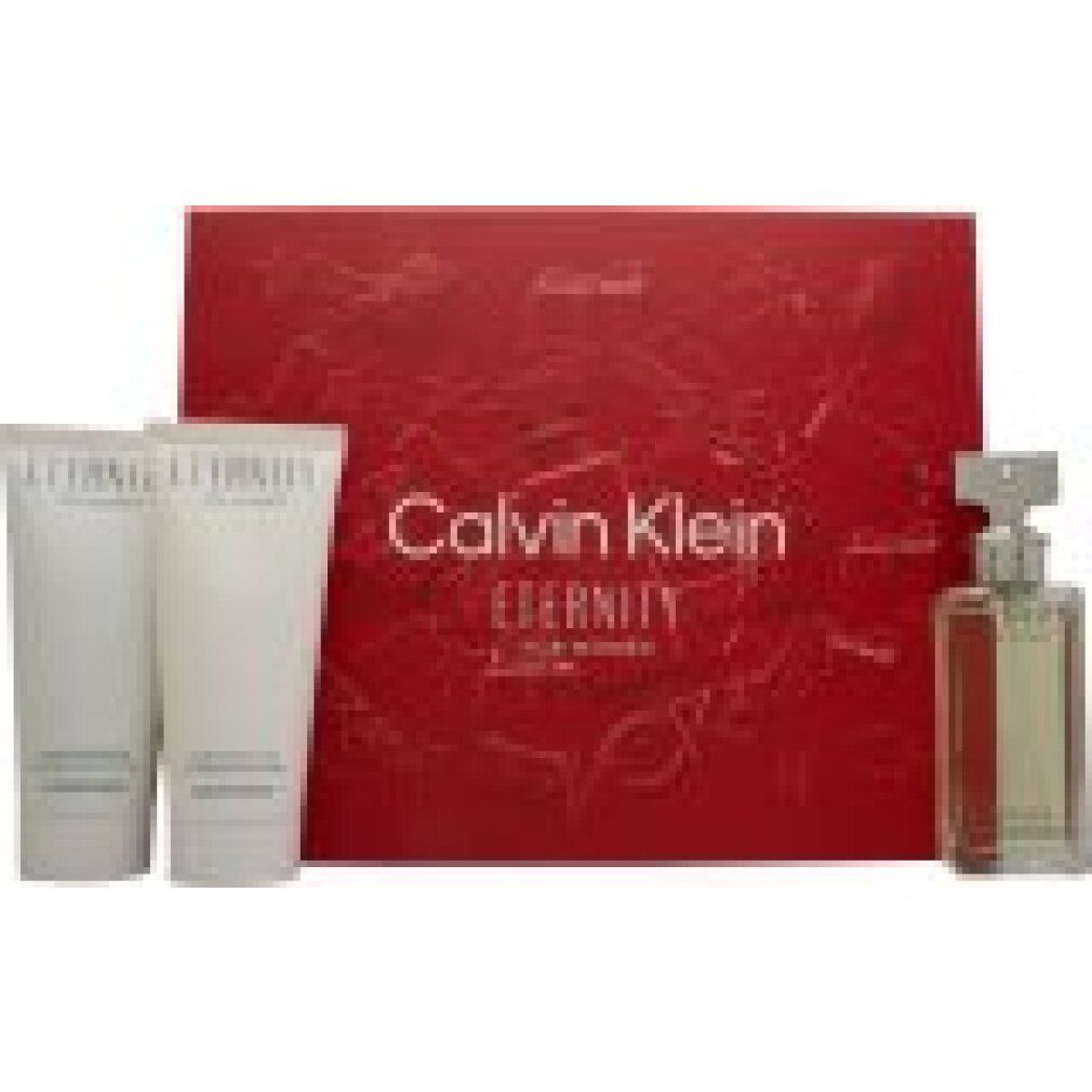 Set regalo Calvin Klein Eternity. Include gel doccia, lozione corpo e eau de parfum. Confezione rossa con nome del prodotto.