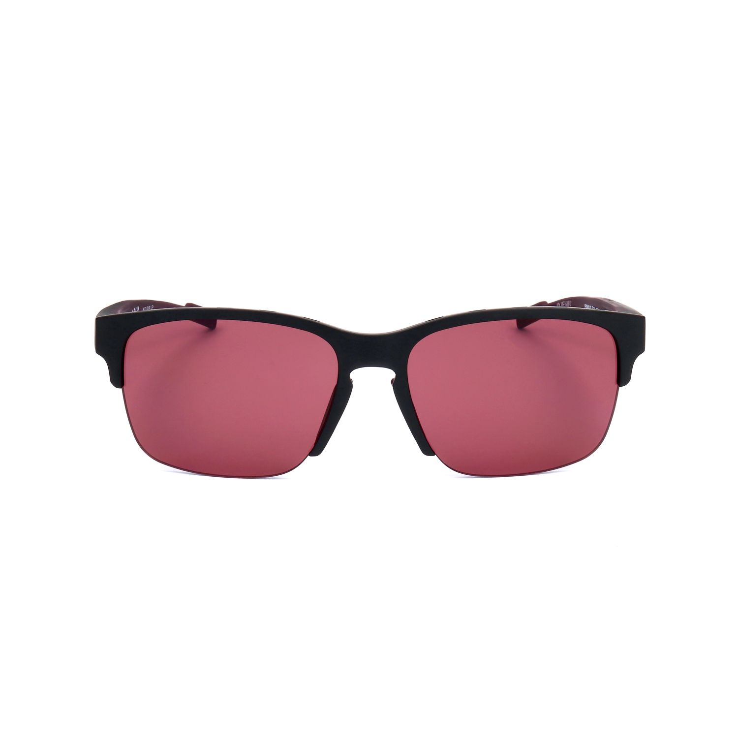 Occhiali da sole neri con lenti rettangolari rosa e montatura nera.