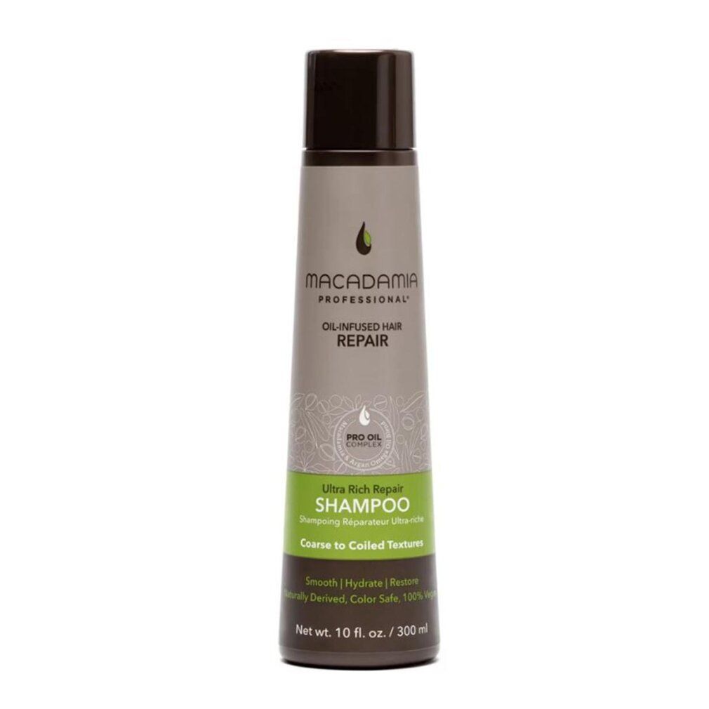 Flacone di shampoo cilindrico. Colore base grigio con accenti verdi e bianchi. Logo Macadamia Professional visibile.