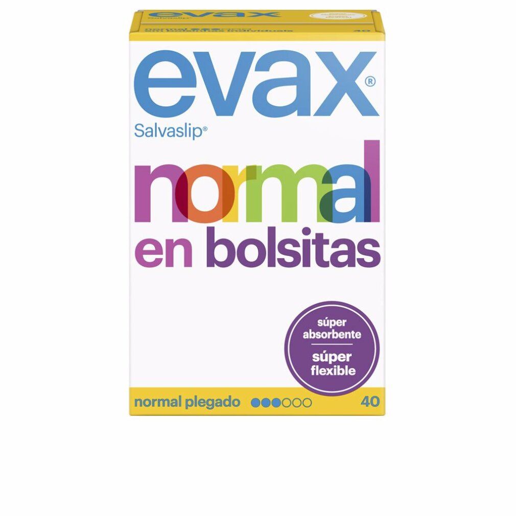 Confezione di Evax Normal Fresh. Bianco, giallo e testo colorato. Contiene 40 pezzi. Con 'Súper absorbente' e 'Súper flexible'.