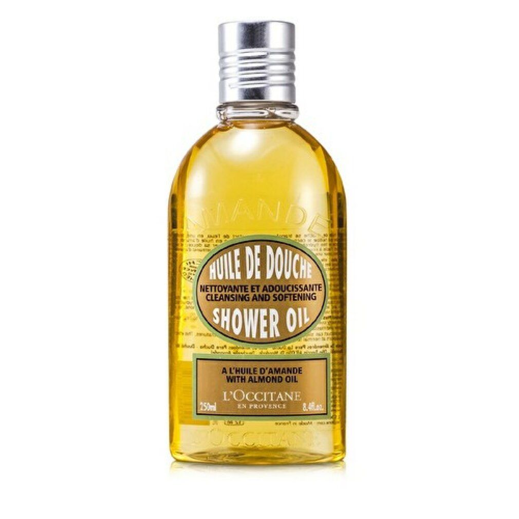 Olio da doccia L'Occitane Mandorla in flacone trasparente con tappo argentato. Liquido giallo, 250ml.