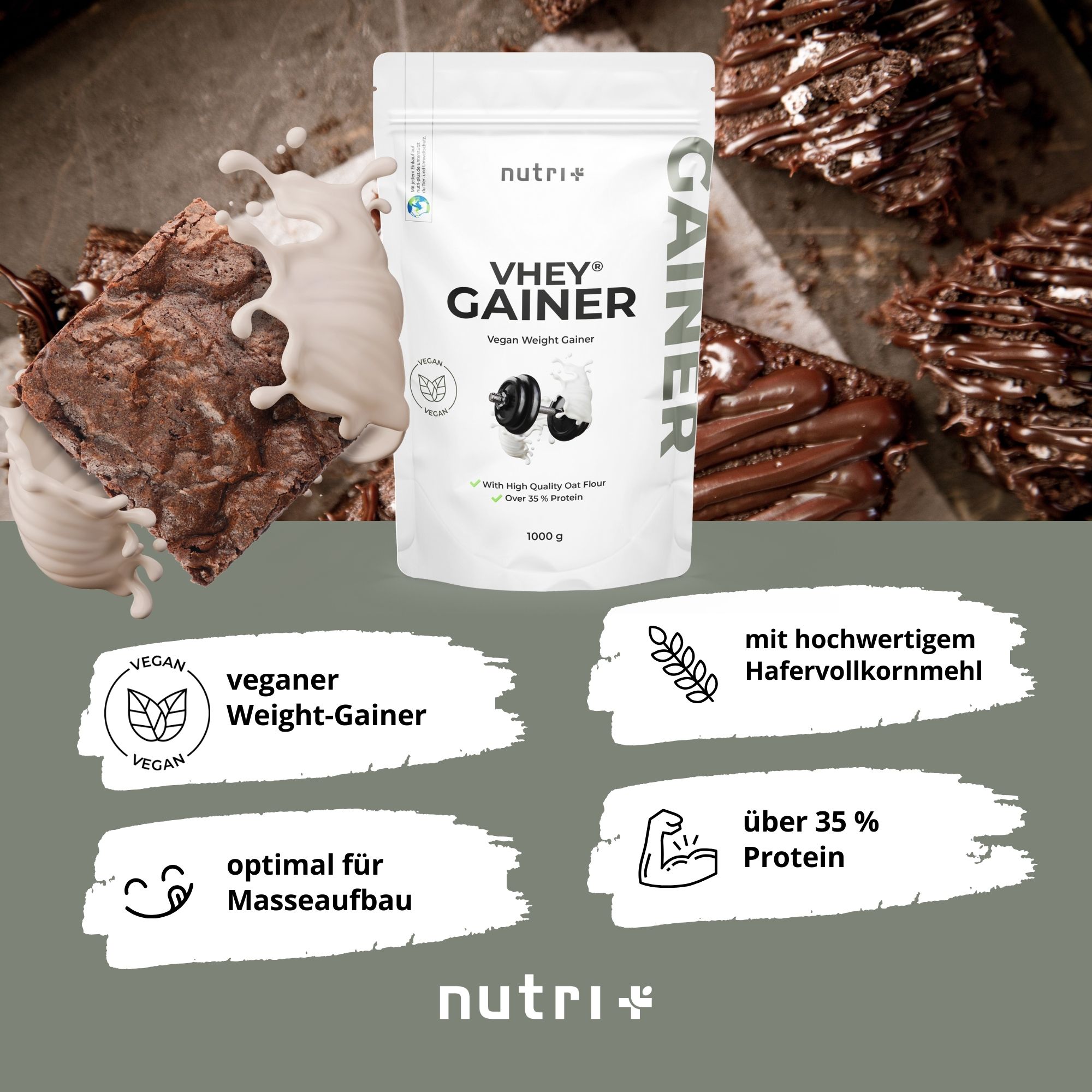 Confezione del prodotto accanto a brownies. Campi di testo con informazioni: vegano, Weight-Gainer, farina d'avena integrale, oltre il 35% di proteine.