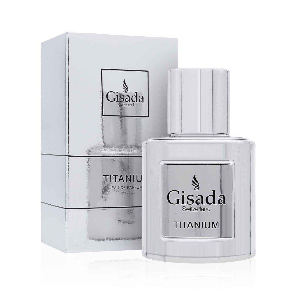 Flacone e confezione argentati. Scritta: Gisada, Titanium Eau de Parfum. Flacone con vaporizzatore.