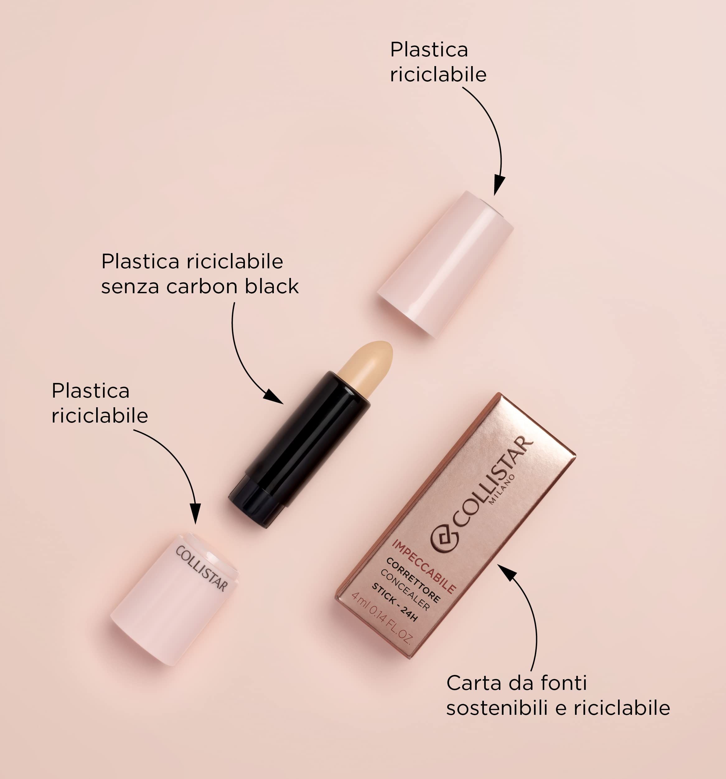 Stick correttore aperto e confezione. Scritta: Impeccabile Correttore Stick 24H. Imballaggio riciclabile.