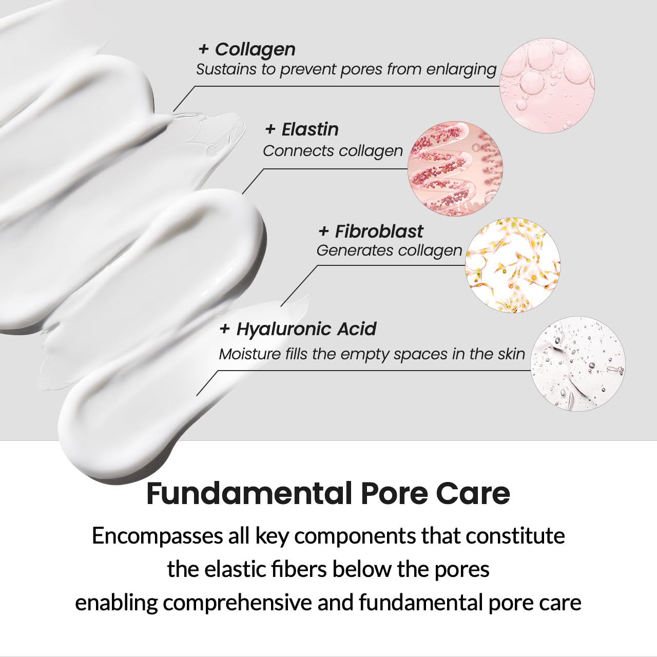Grafico con strisce bianche ed etichette: + Collagen, + Elastin, + Fibroblast, + Hyaluronic Acid. Testo: Fundamental Pore Care.