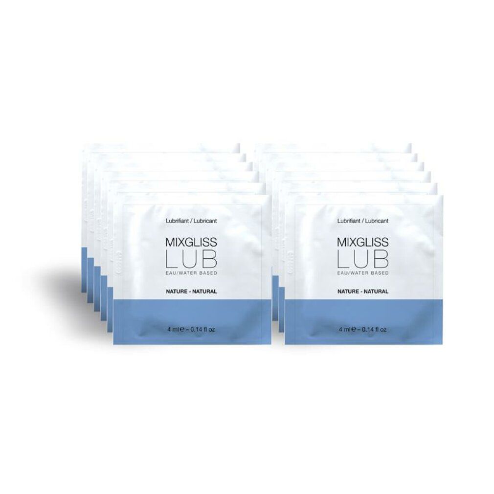 Diverse confezioni singole di lubrificante. Bustine bianche con fascia blu e nome del prodotto. Scritta: MIXGLISS LUB, eau/water based, nature - natural.