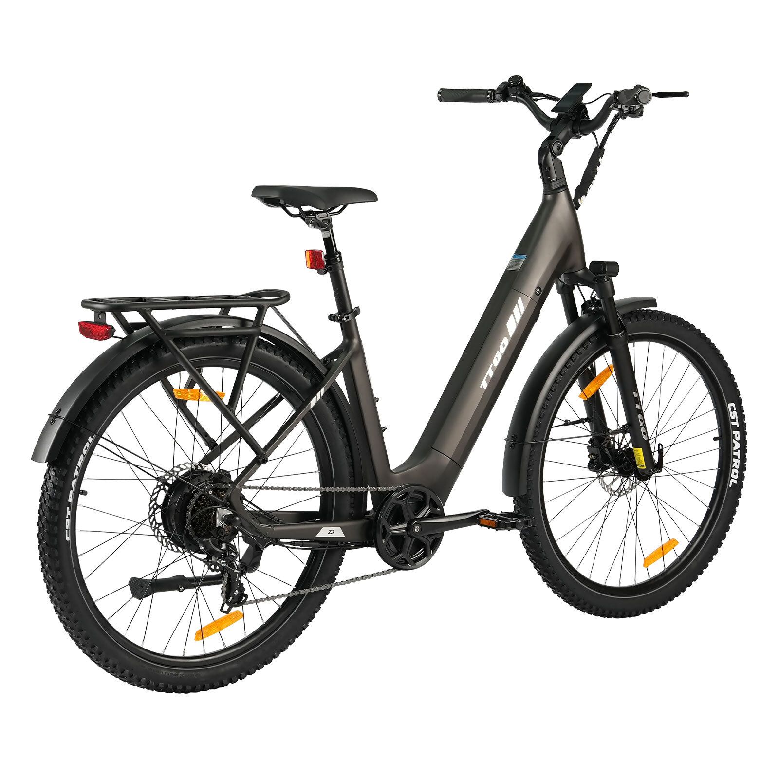 E-bike grigio scuro con parafanghi, portapacchi e freni a disco idraulici. Fanale posteriore visibile.