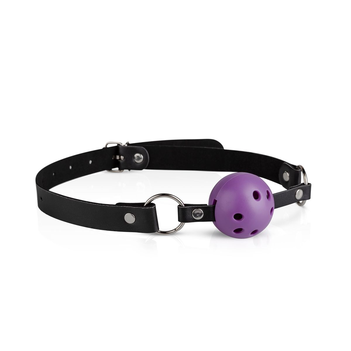 Gag. Cinturino in pelle nera, sfera viola forata. Anello e fibbia in metallo.