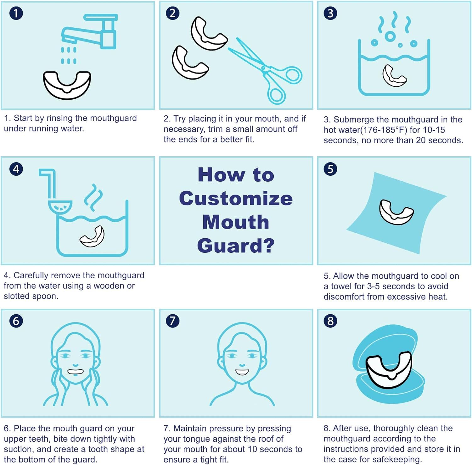 Istruzioni per adattare il paradenti: risciacquare, tagliare, immergere in acqua calda, raffreddare, inserire, modellare, pulire e conservare.