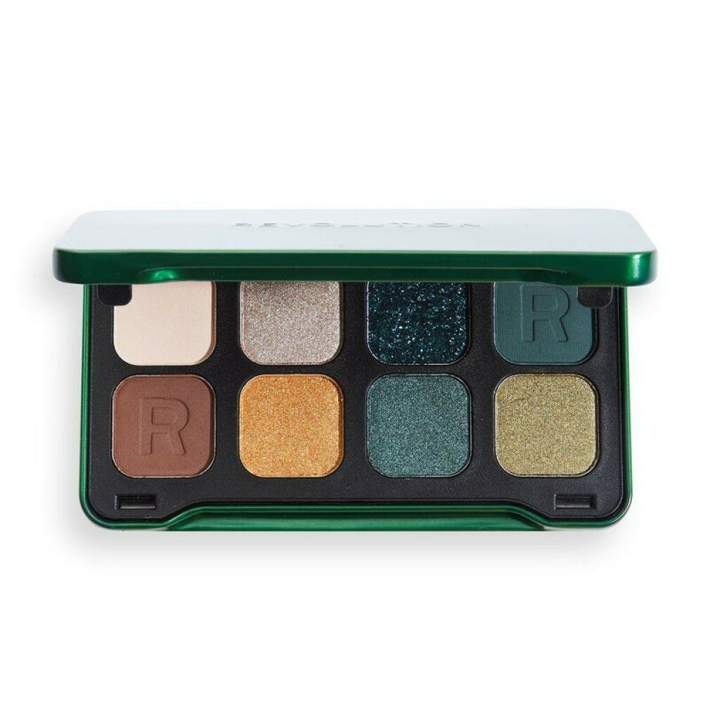 Palette ombretti verde aperta con otto tonalità. Scritta: Revolution.