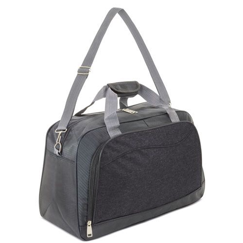 Borsa da viaggio grigio scuro con tracolla rimovibile. Manici grigi e cerniere argentate.