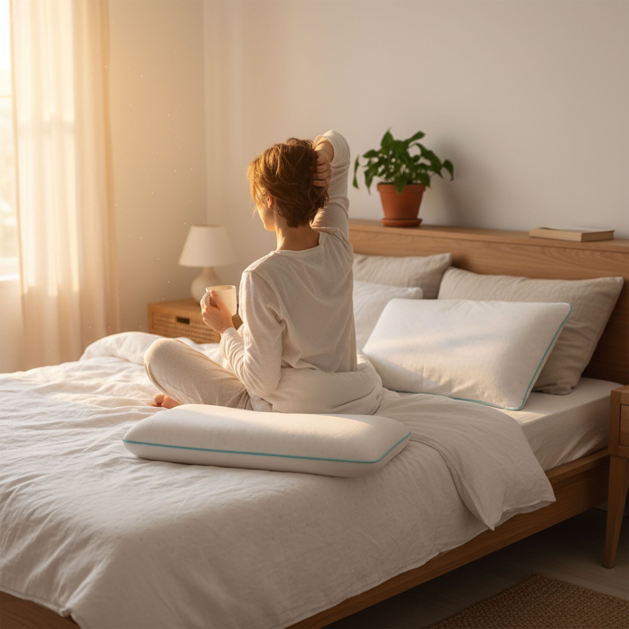 Donna seduta sul letto con cuscino. Cuscino con bordo blu.