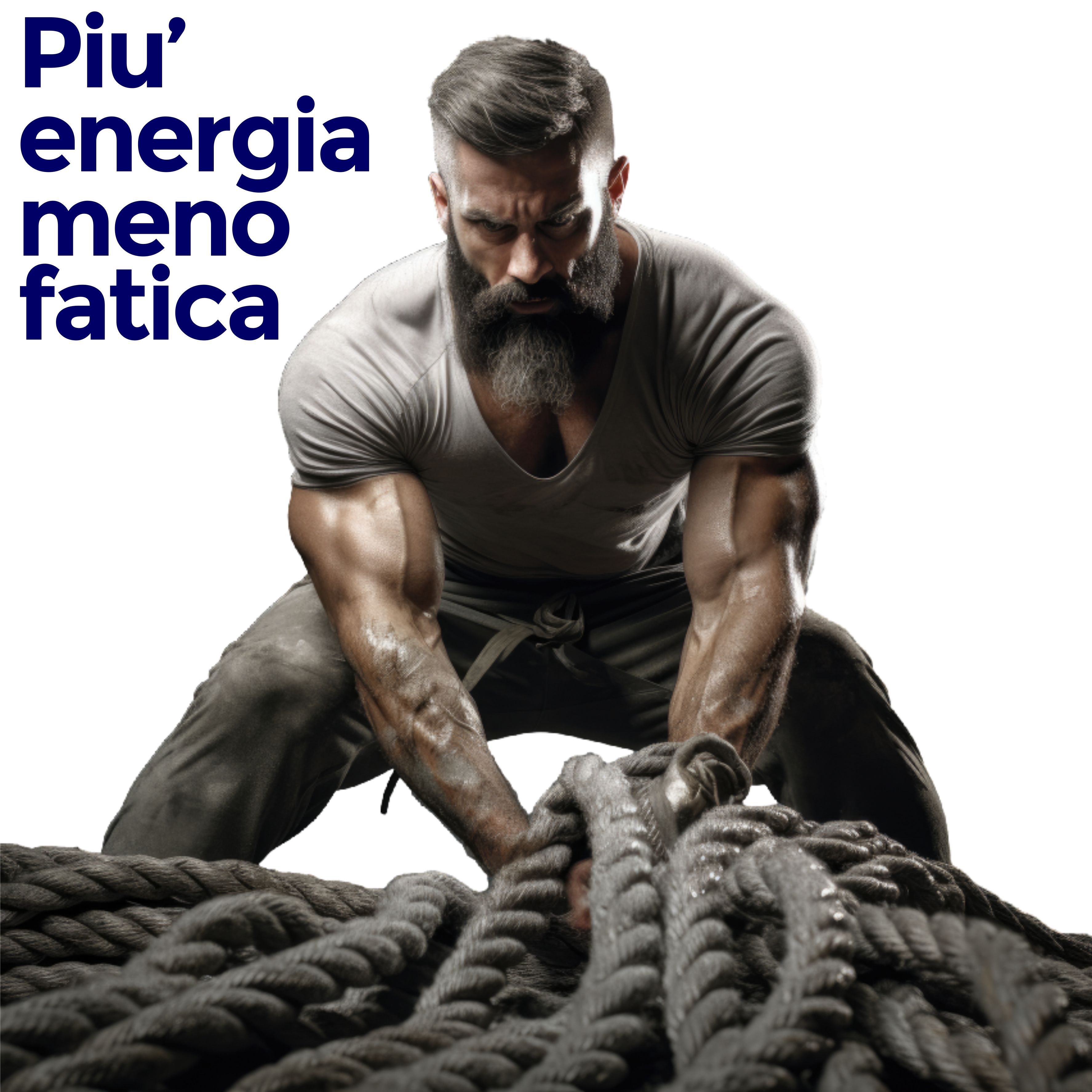Uomo muscoloso che tira delle corde. Testo: Più energia, meno fatica.