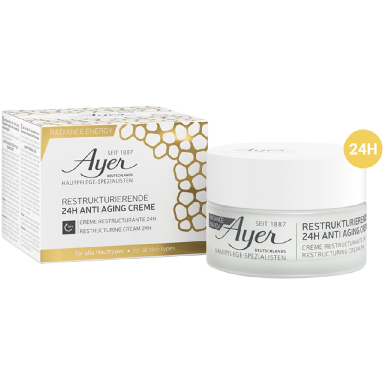 Crema e confezione. Scritta: Ayer, Crema Ristrutturante 24h Anti-età. Simbolo 24h. Per tutti i tipi di pelle.