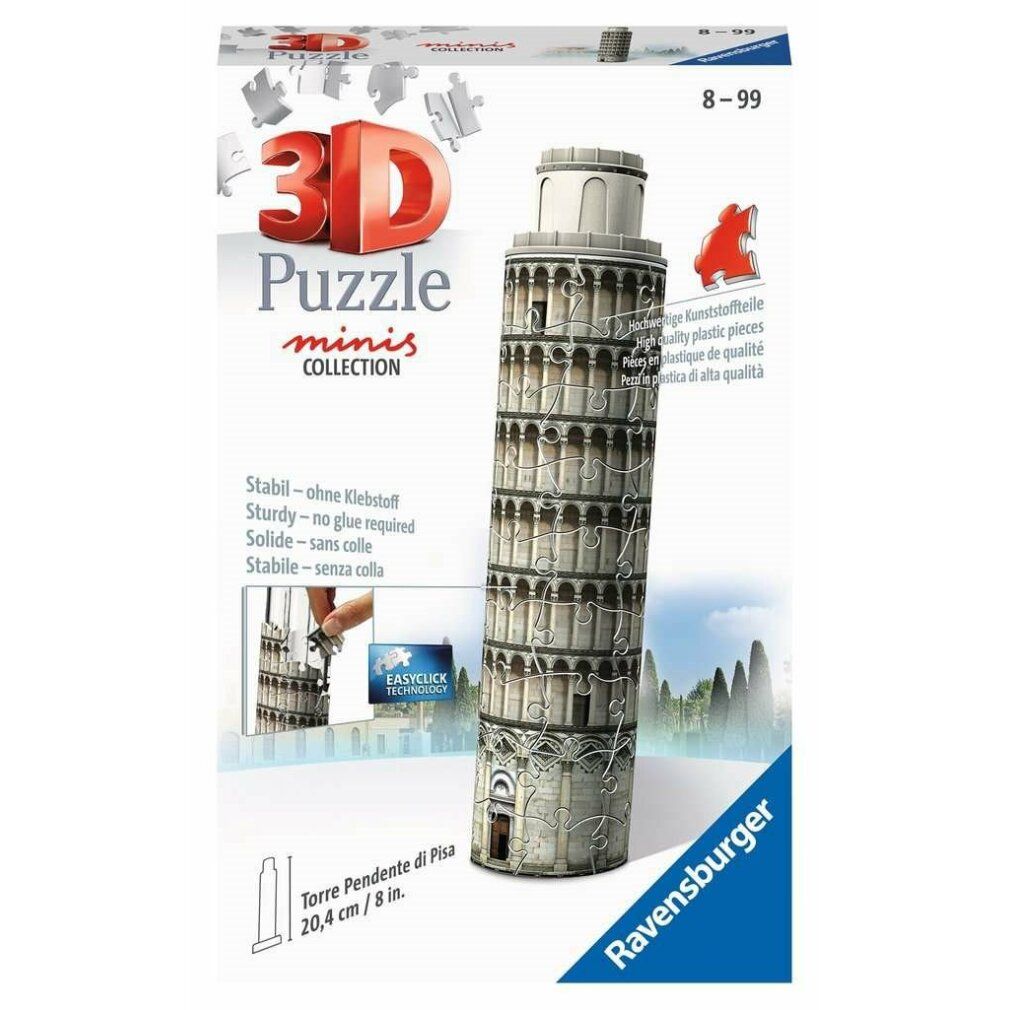 Puzzle 3D Mini Torre Pendente di Pisa. Confezione con immagine del prodotto. Dimensioni: 20,4 cm. Marca: Ravensburger.