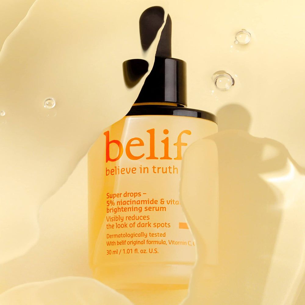 Flacone di siero Belif Super Drops con contagocce e testo.