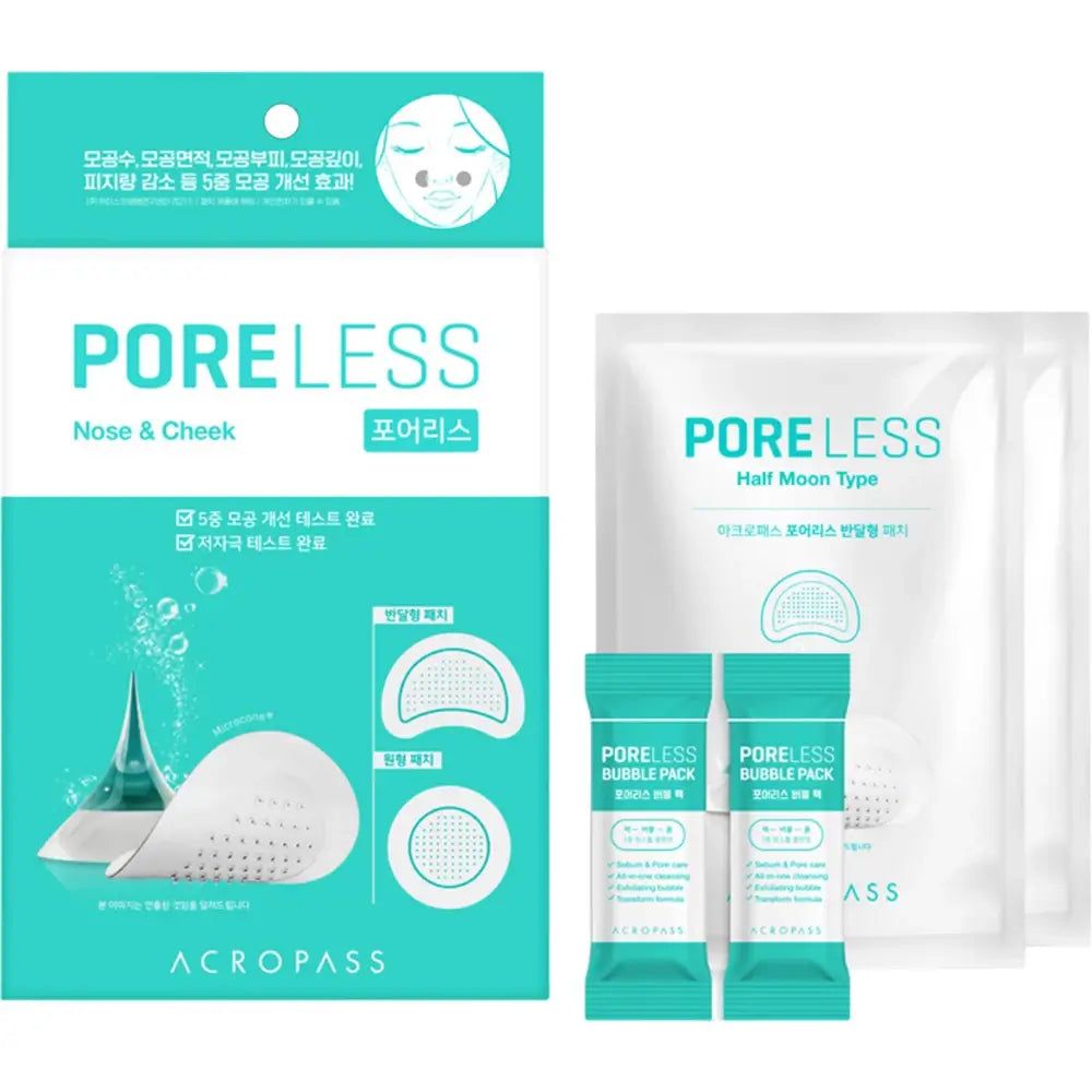 Confezione ACROPASS Poreless con nome e logo del prodotto. Contiene due bustine e due piccole buste. Testo in coreano.