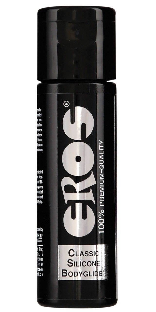 Flacone nero con logo EROS e scritta 'Classic Silicone Bodyglide'.