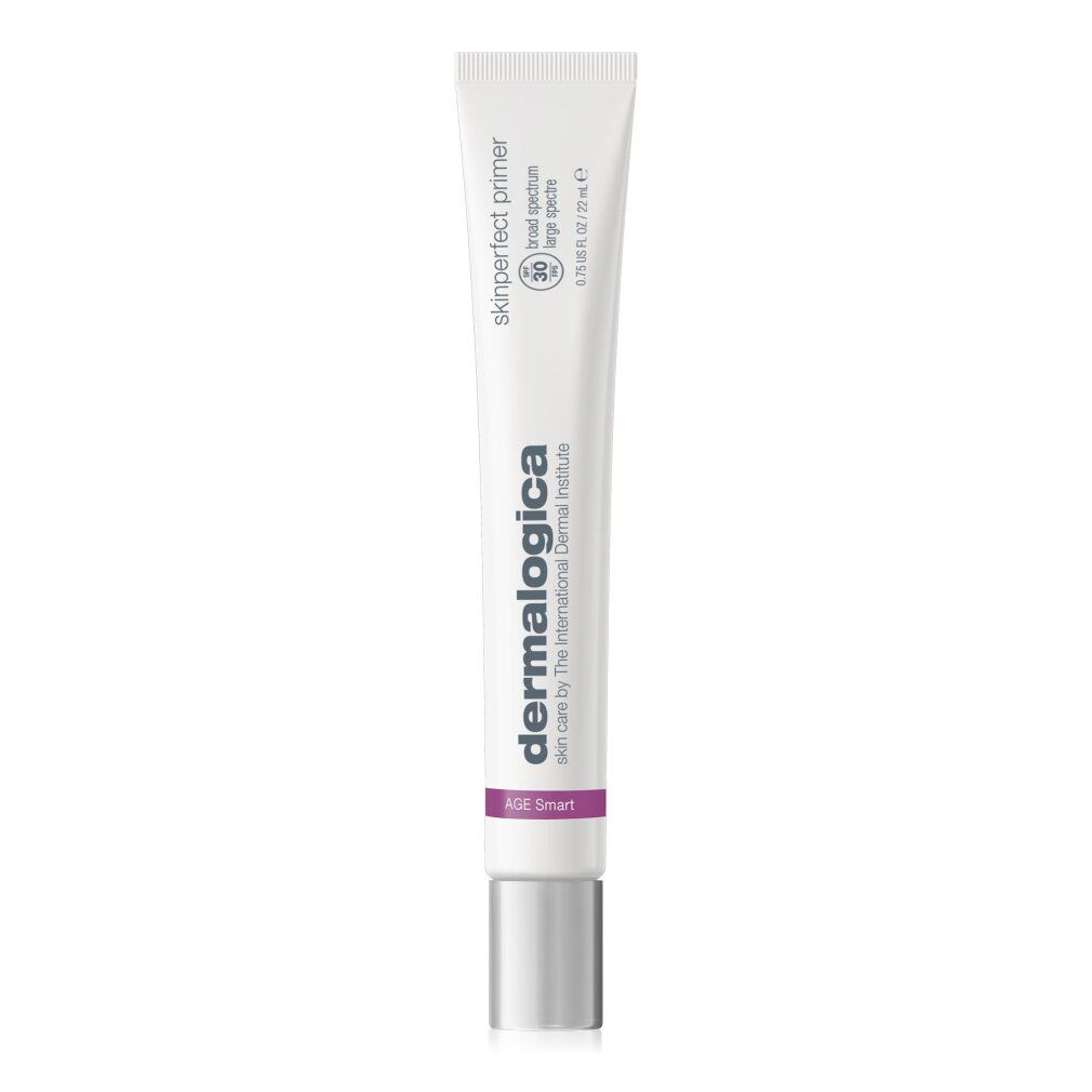 Tubo bianco con tappo argentato. Scritta: Dermalogica, Skinperfect Primer SPF30. Accento viola. Testo: AGE Smart.