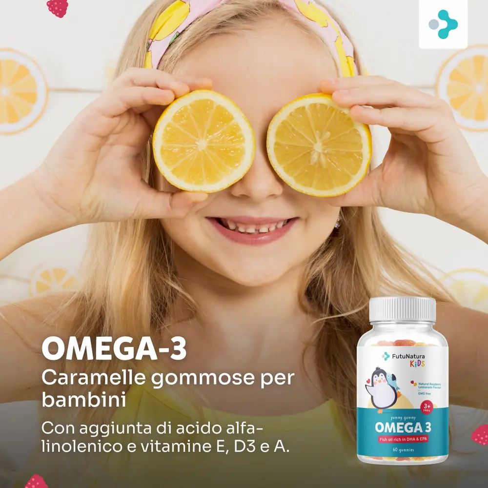 Bambina con fette di limone sugli occhi. Bottiglia di Omega-3 Gummies. Testo: Caramelle gommose per bambini.