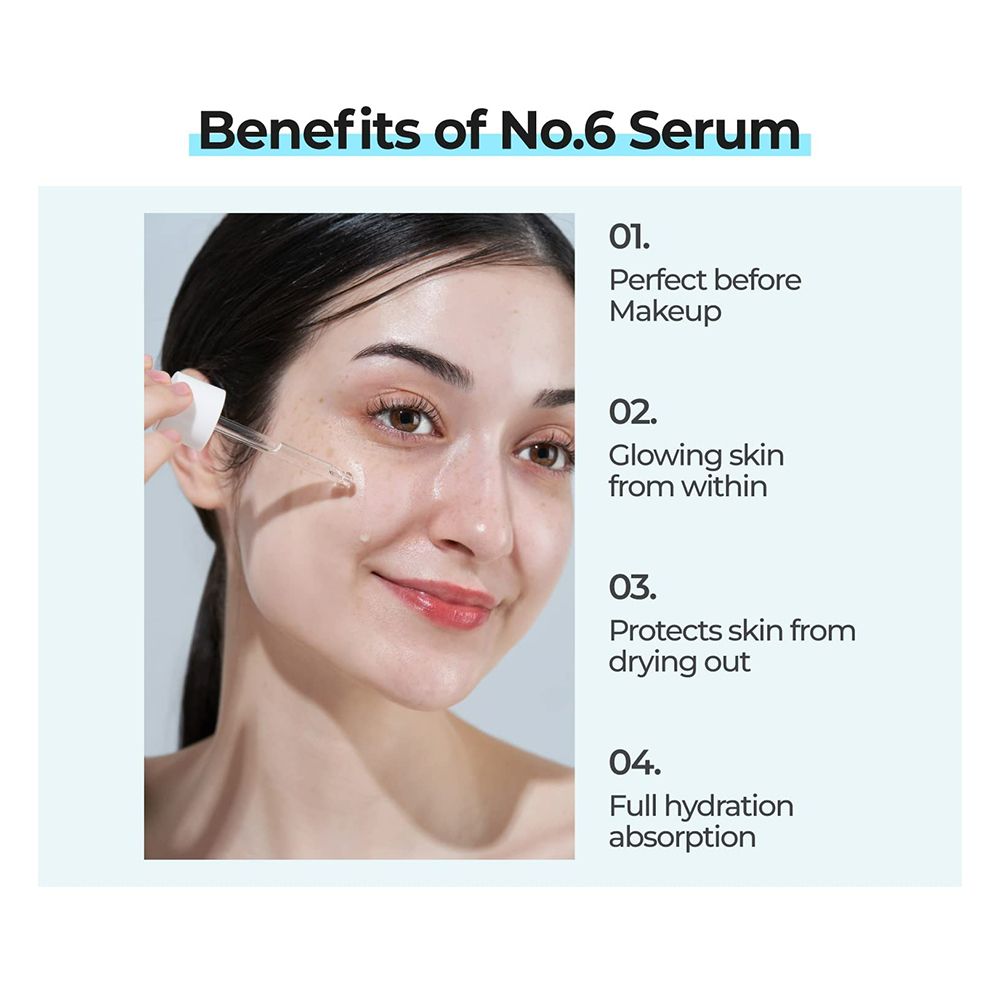 Donna con siero. Testo: Perfetto prima del trucco, pelle luminosa dall'interno, protegge dall'inaridimento, assorbimento completo dell'idratazione.